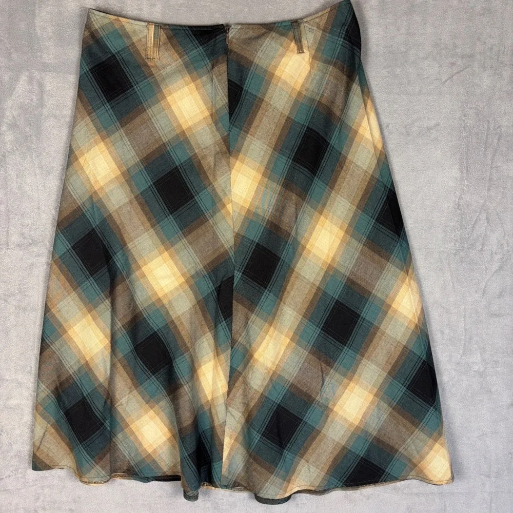 New York Clothing Co Plaid A-Line Midi Skirt Teal Brown Tan Green Size 16 Y2K